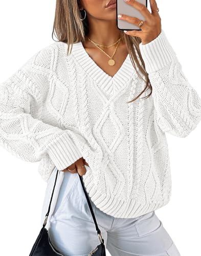 ZESICA Fall Sweaters V Neck Cable Knit Trendy Pullover Tops