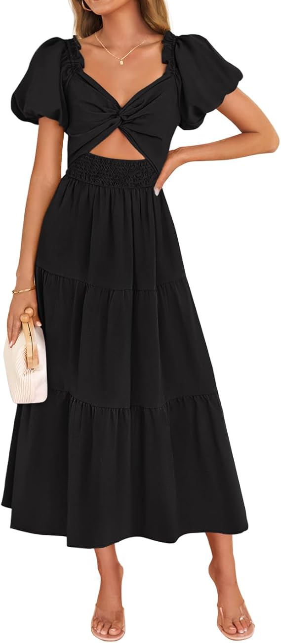 ZESICA Womens Summer Casual Flowy Vacation Maxi Dress 2026 Short Puff –  zesica