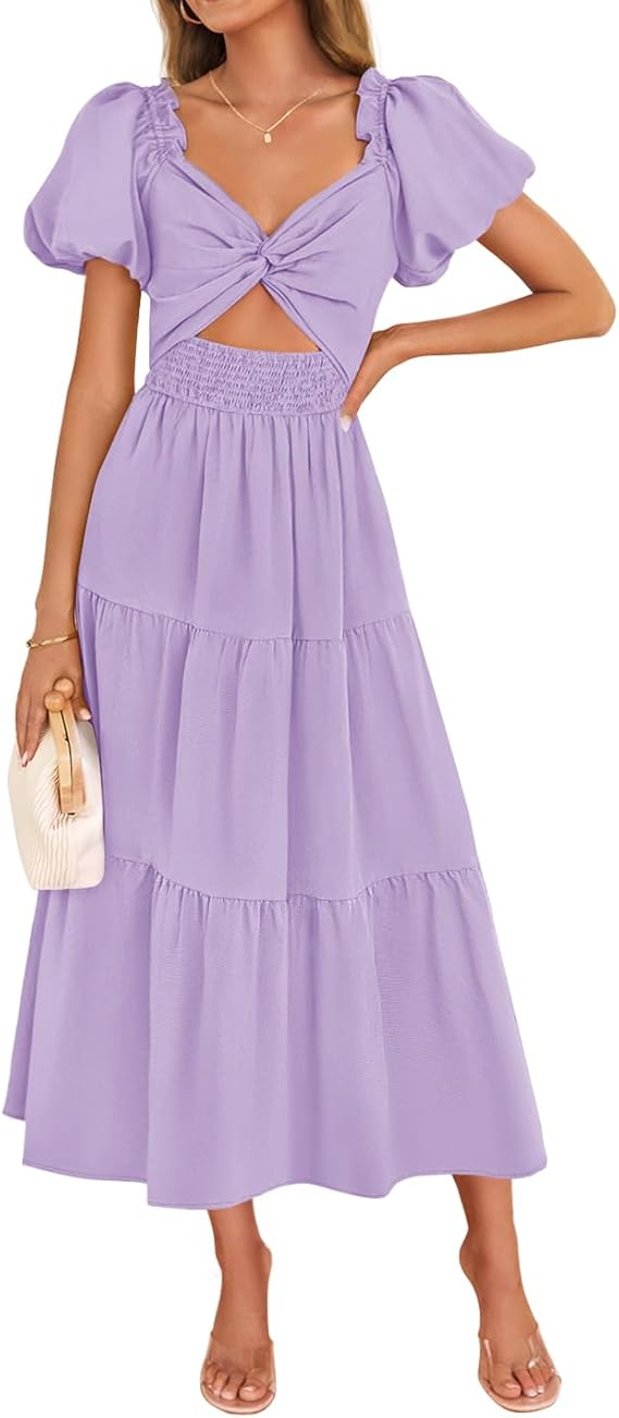 strapless open back dress ZESICA Womens Summer Casual Flowy Vacation Maxi Dress 2026 Short Puff –  zesica