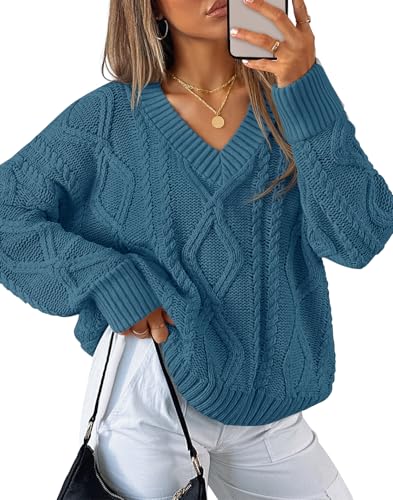 ZESICA Fall Sweaters V Neck Cable Knit Trendy Pullover Tops