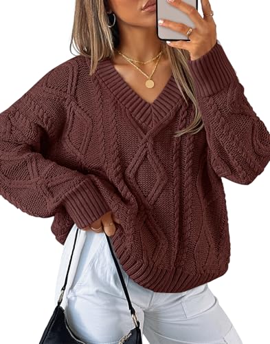 ZESICA Fall Sweaters V Neck Cable Knit Trendy Pullover Tops