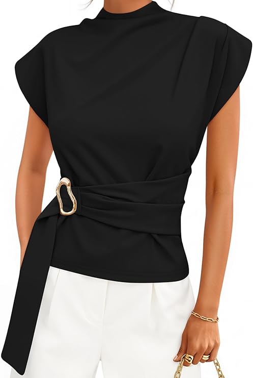 ZESICA Women's Cap Sleeve Blouse – Mock Neck Business Casual Top