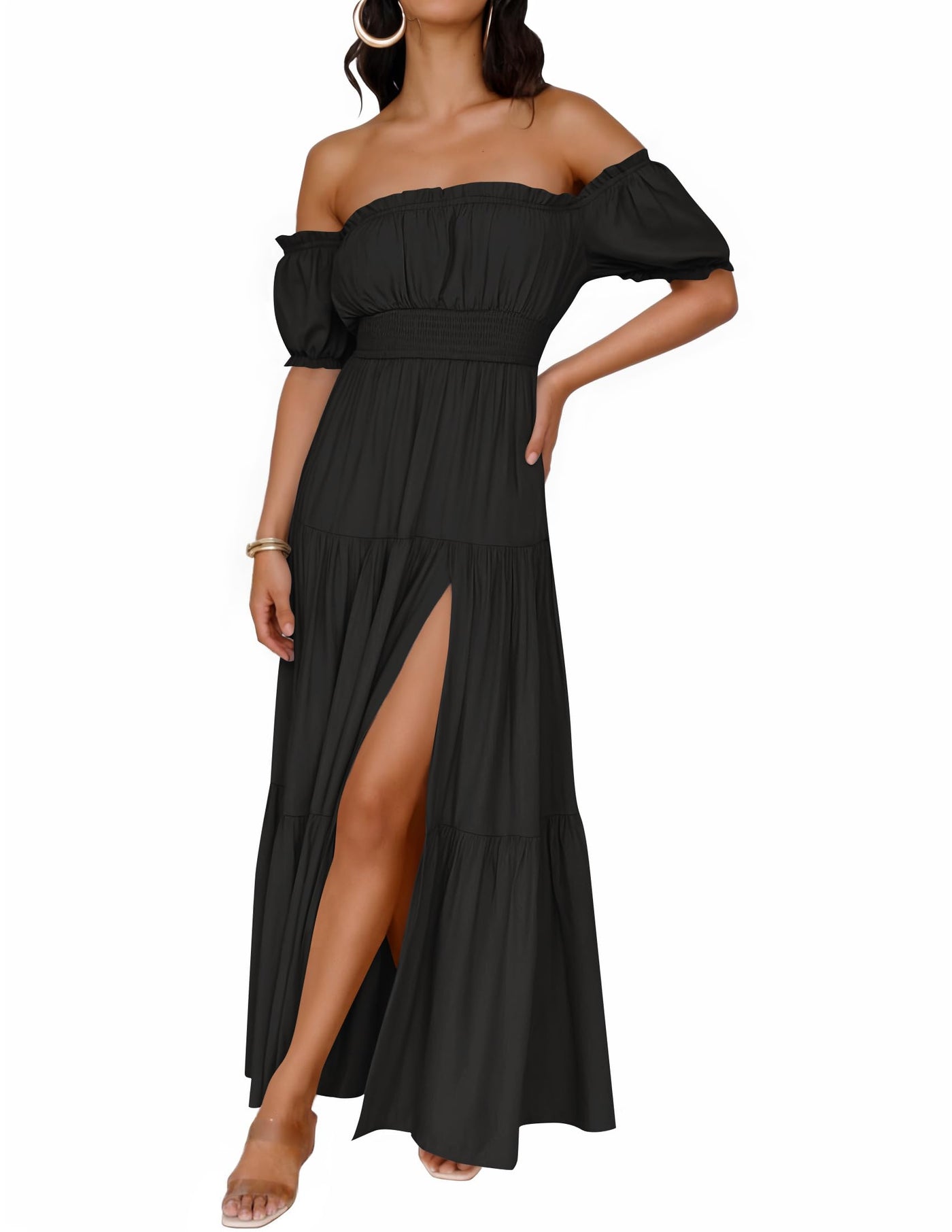 ZESICA Women's 2026 Boho Sexy Off Shoulder Short Sleeve Smocked Side S zesica ZESICA Women's 2026 Boho Sexy Off Shoulder Short Sleeve Smocked Side S zesica