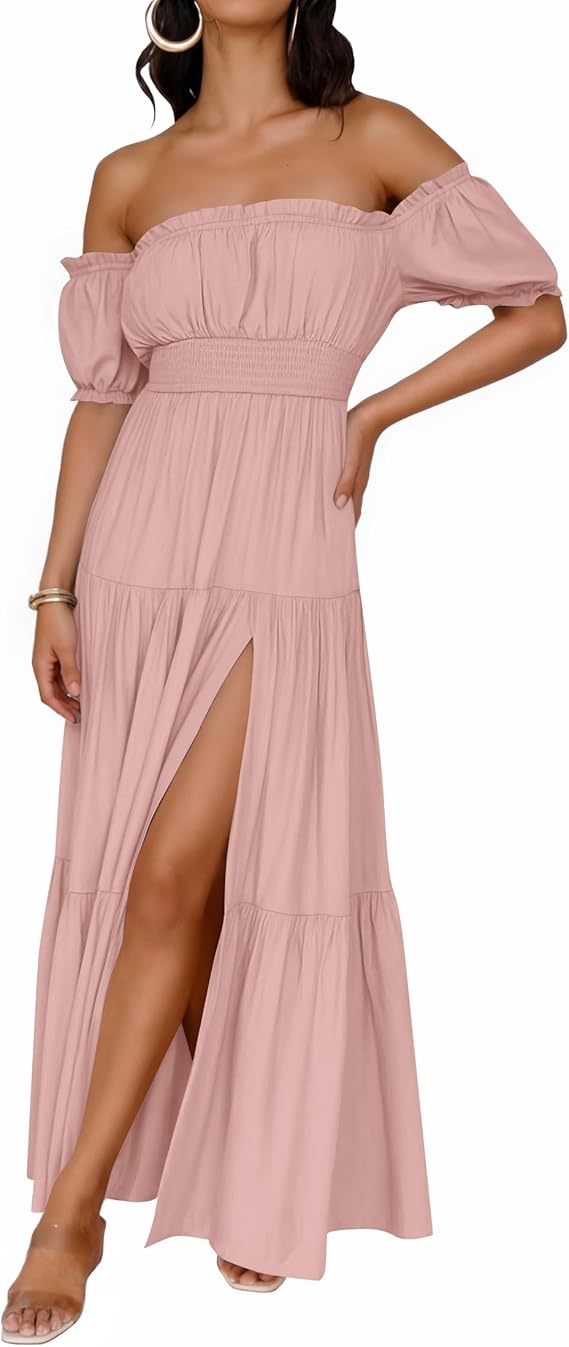 ZESICA Women's 2026 Boho Sexy Off Shoulder Short Sleeve Smocked Side S zesica ZESICA Women's 2026 Boho Sexy Off Shoulder Short Sleeve Smocked Side S zesica