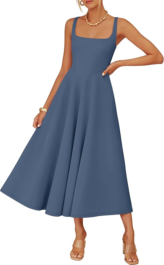 flowy square neck dress ZESICA Women's Summer Sleeveless Midi Dress 2026 Square Neck Elegant F –  zesica