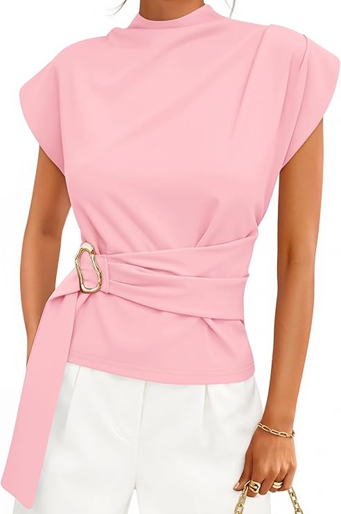 ZESICA Women's Cap Sleeve Blouse – Mock Neck Business Casual Top