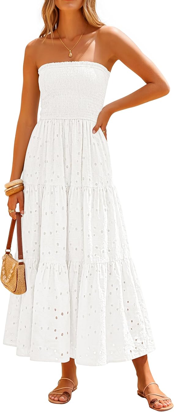 ZESICA Womens 2026 Summer Boho Strapless Midi Dresses Off Shoulder Smo – zesica