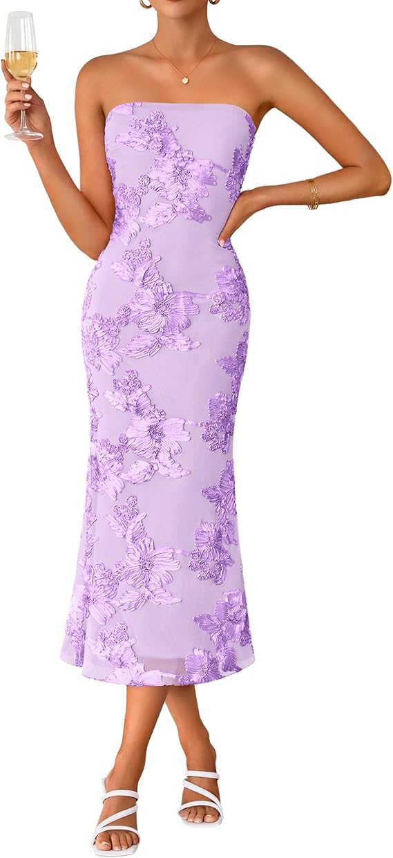 ZESICA Women's Summer Strapless Floral Midi Dress 2026 Bodycon Mesh Tu zesica ZESICA Women's Summer Strapless Floral Midi Dress 2026 Bodycon Mesh Tu zesica
