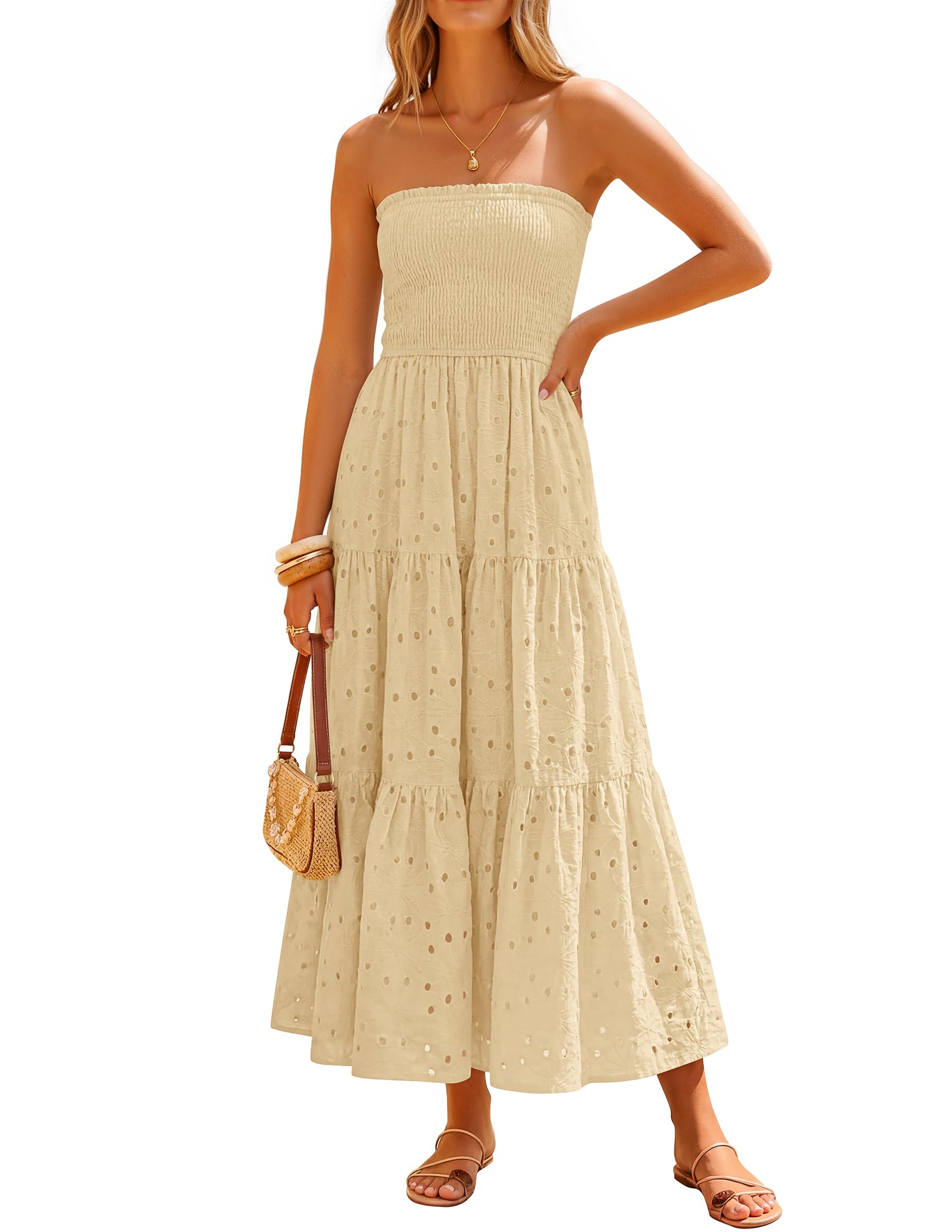 ZESICA Womens 2026 Summer Boho Strapless Midi Dresses Off Shoulder Smo – zesica