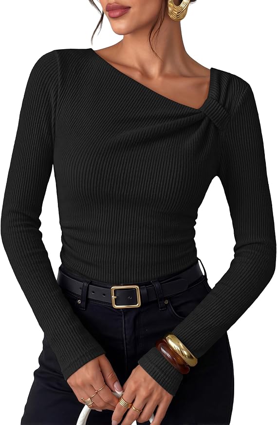 ZESICA Womens 2026 Long Sleeve T Shirts Asymmetrical Top – zesica