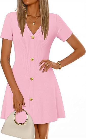 ZESICA Women's Summer Short Sleeve Knit Mini Dress 2026 Casual V Neck   zesica