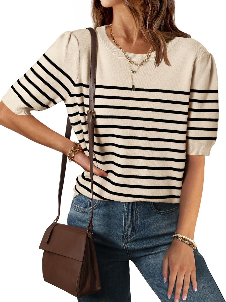 Messic Women's Ribbed Knit T-Shirt – Short Sleeve, Crewneck/V-Neck Button, Slim Fit, Beige - View #2