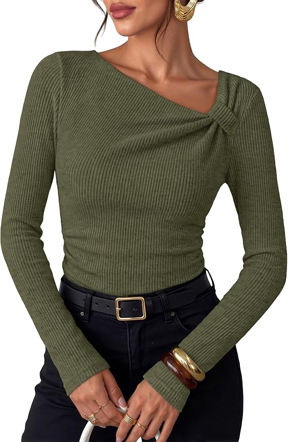ZESICA Womens 2026 Long Sleeve T Shirts Asymmetrical Top – zesica