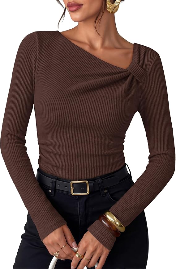 ZESICA Womens 2026 Long Sleeve T Shirts Asymmetrical Top – zesica