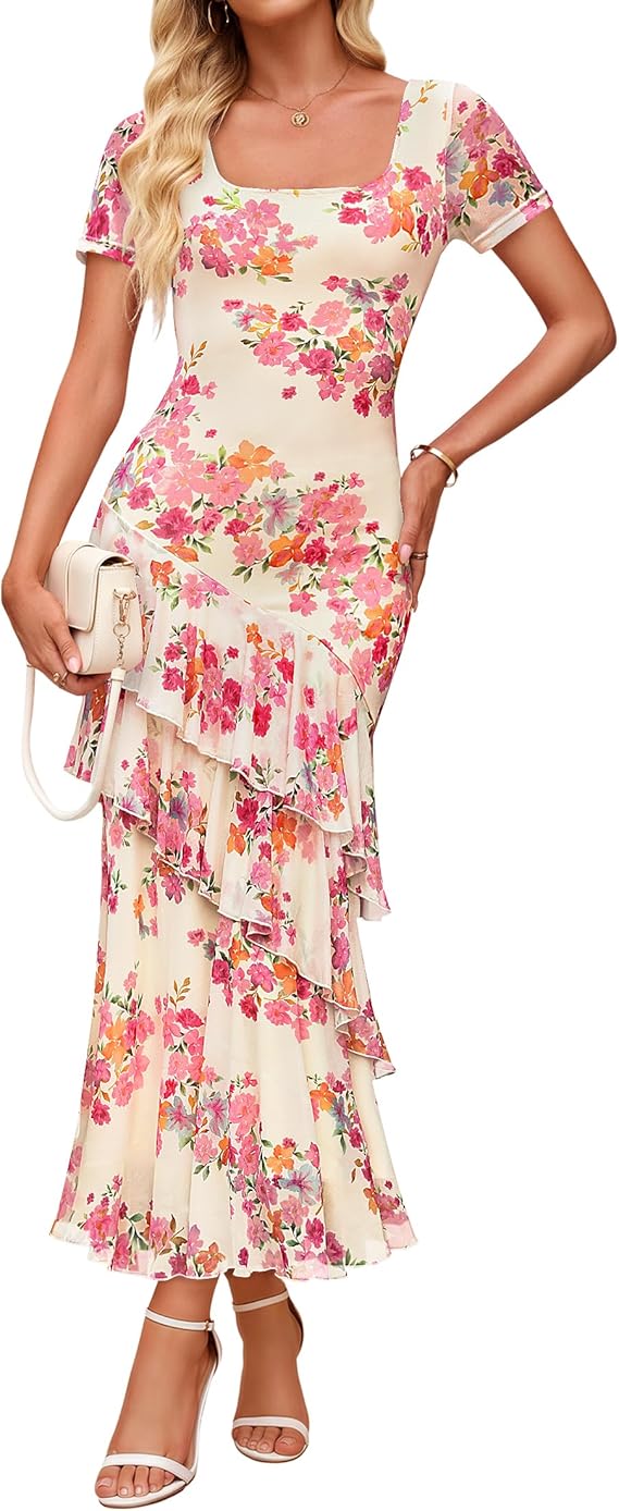 summer floral bodycon dress Summer Short Sleeve Floral Bodycon Dresses for Women Beach Vacation Formal Wedding Guest Dress