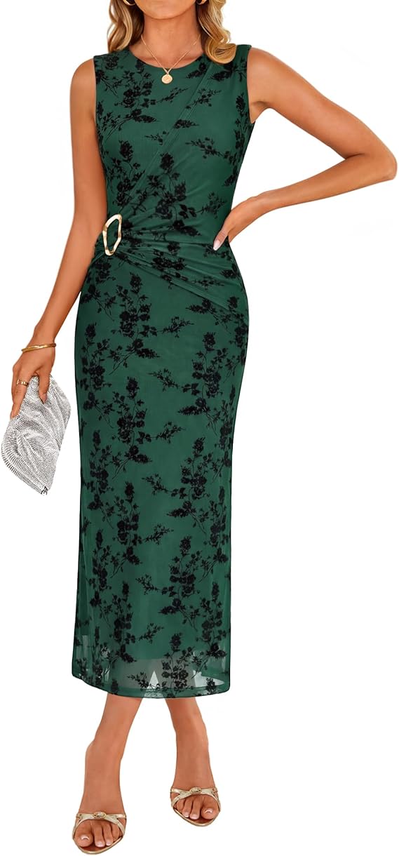ZESICA Women's Summer Sleeveless Floral Midi Dress 2026 Bodycon Mesh R –  zesica