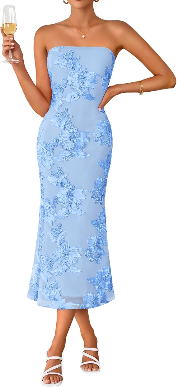 tube blue dress ZESICA Women's Summer Strapless Floral Midi Dress 2026 Bodycon Mesh Tu –  zesica