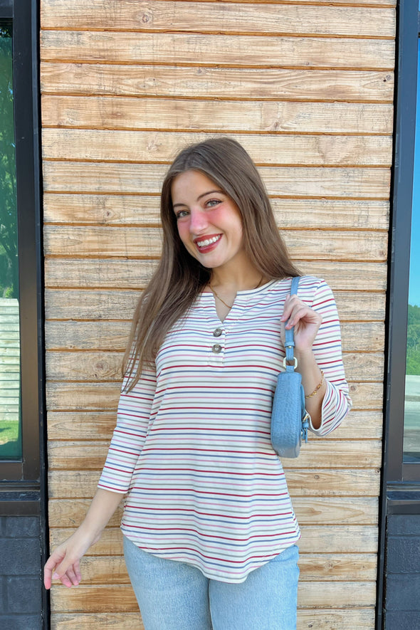 ZESICA Boho Striped Henley Shirts 3/4 Sleeve Tops Casual Blouses