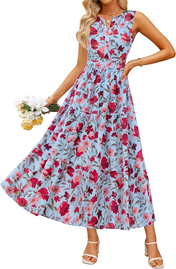ZESICA Women's Summer Boho Floral Sleeveless Midi Dress 2026 V Neck El –  zesica