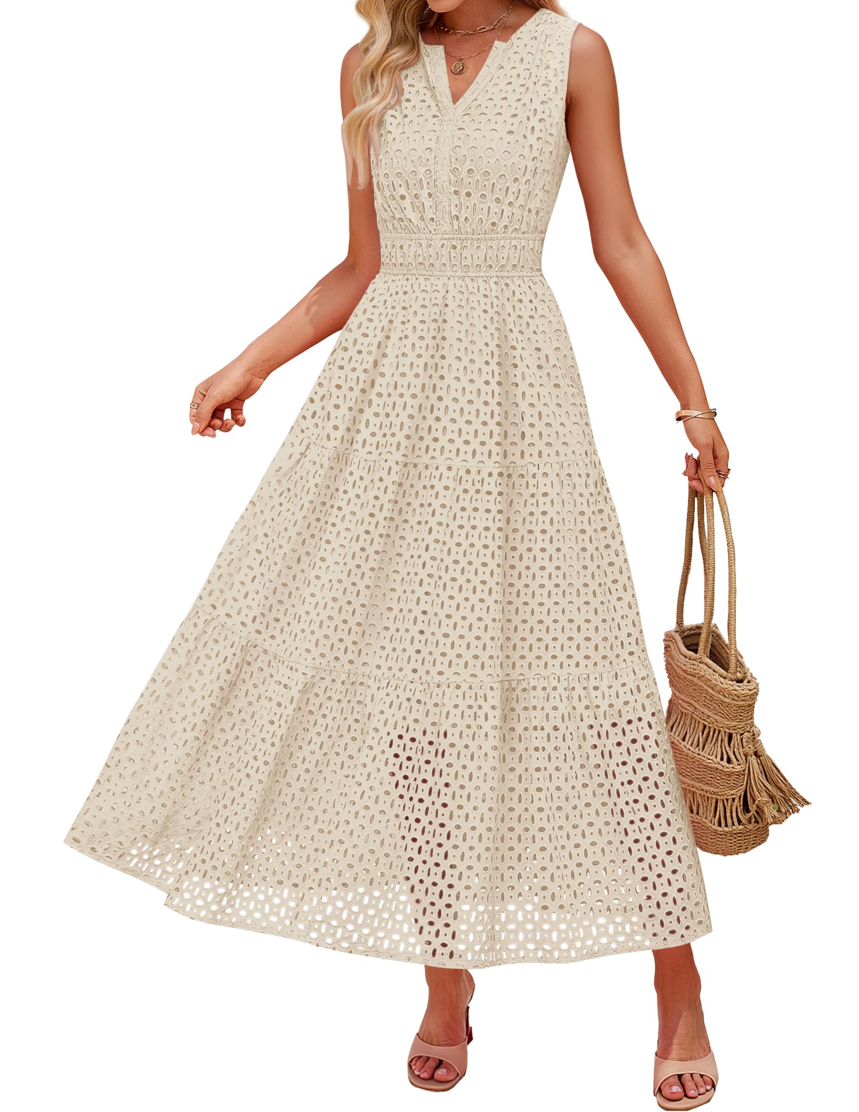 ZESICA Women's 2026 Summer Sleeveless Maxi Dress Casual V Neck Hollow zesica ZESICA Women's 2026 Summer Sleeveless Maxi Dress Casual V Neck Hollow zesica
