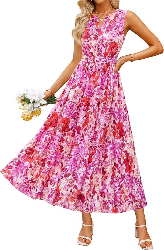 ZESICA Women's Summer Boho Floral Sleeveless Midi Dress 2026 V Neck El   zesica