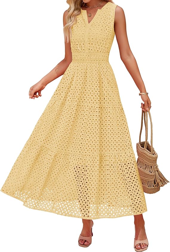 ZESICA Women's 2026 Summer Sleeveless Maxi Dress Casual V Neck Hollow zesica ZESICA Women's 2026 Summer Sleeveless Maxi Dress Casual V Neck Hollow zesica