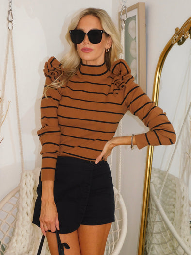 ZESICA Striped Ruffle Turtleneck Ribbed Knit Pullover Tops