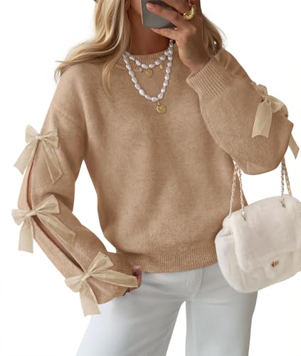 ZESICA Bow Sweaters Cute Crewneck Knit Pullover Sweater