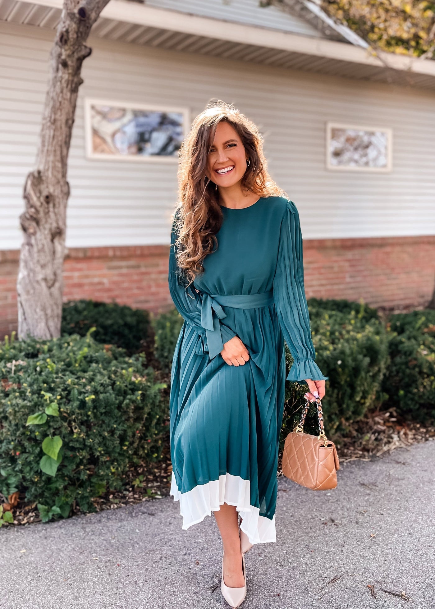 ZESICA Chiffon Crew Neck Pleated A Line Flowy Midi Dresses zesica ZESICA Chiffon Crew Neck Pleated A Line Flowy Midi Dresses zesica