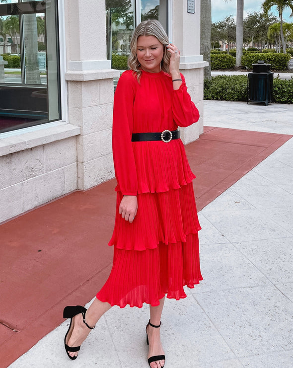 ZESICA Long Sleeve Crew Neck Ruffle Tiered Chiffon Midi Dress