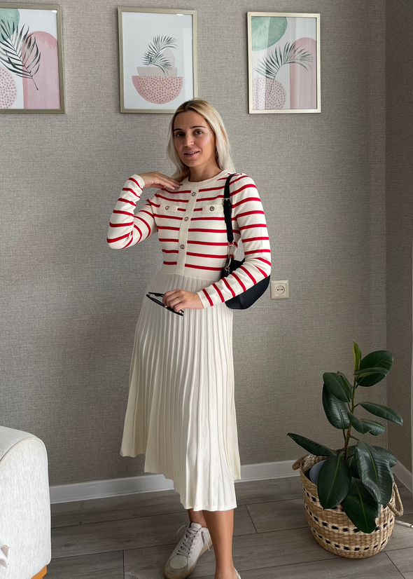 ZESICA Striped Crewneck Button Ribbed Knit Sweater Dress