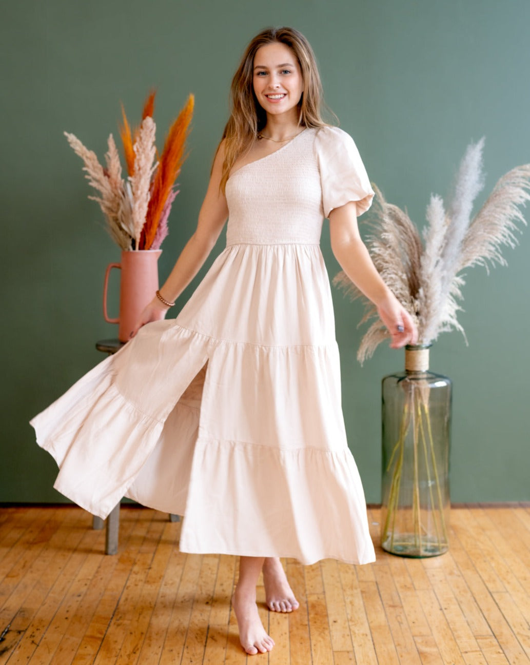 ZESICA Boho One Shoulder Smocked Swing Midi Dress – zesica