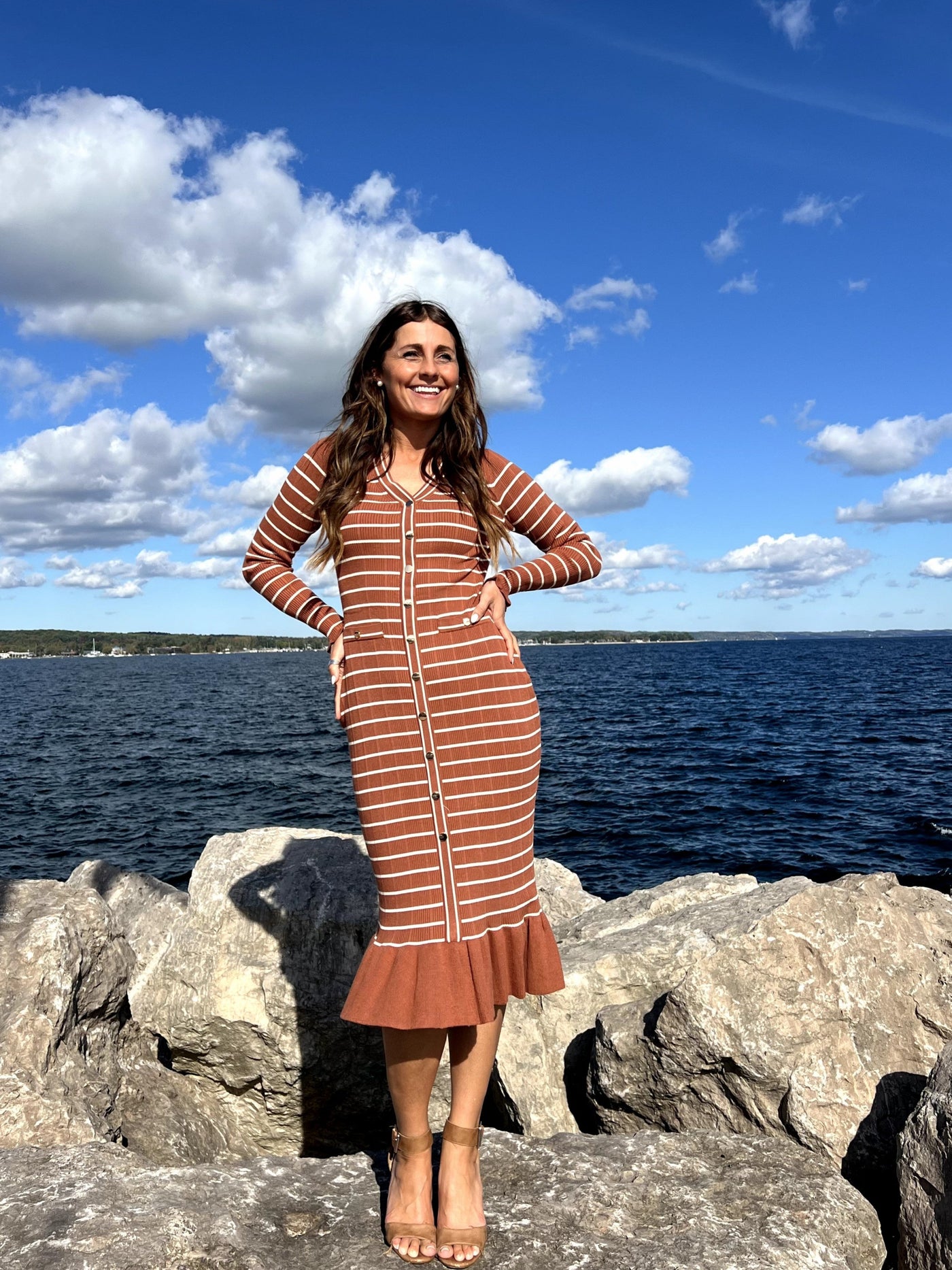 ZESICA Striped V Neck Button Elegant Bodycon Knit Dresses zesica ZESICA Striped V Neck Button Elegant Bodycon Knit Dresses zesica