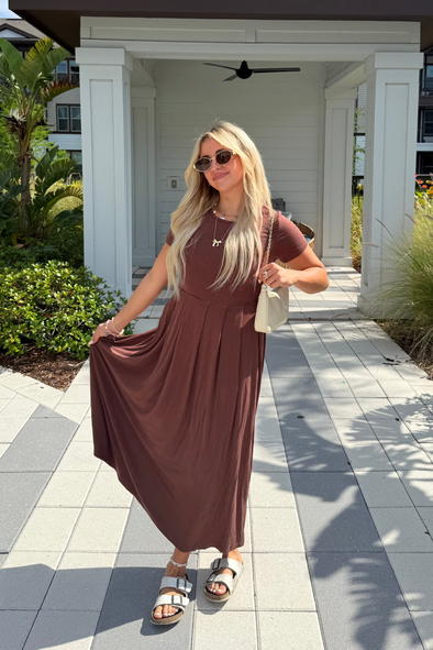 ZESICA Short Sleeve Crewneck Pleated A Line Flowy Long Dresses