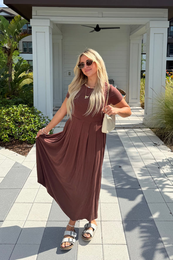 ZESICA Short Sleeve Crewneck Pleated A Line Flowy Long Dresses
