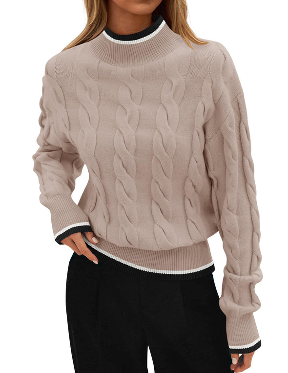 ZESICA Cable Knit Contrast Color Chunky Pullover Sweater