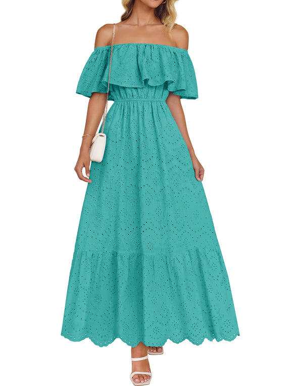 ZESICA Off Shoulder Ruffle Short Sleeve High Waist Hollow Dresses