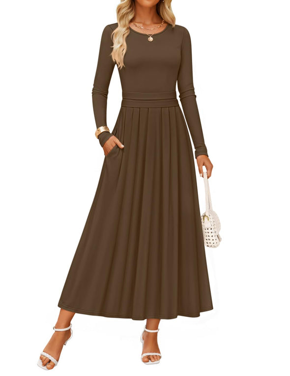 ZESICA Elegant Crewneck Knit High Wasit Pleated Flowy A Line Dresses