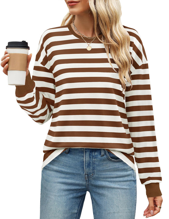 ZESICA Striped Shirts Fall Crewneck Casual Loose Fit Tunic Tops