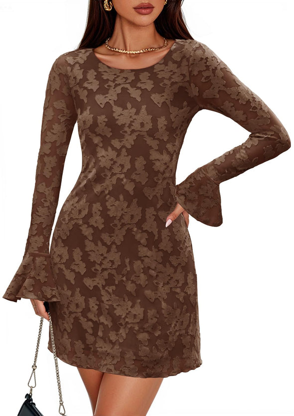 ZESICA Floral Mesh Crewneck Bodycon Cocktail Party Club Short Dress