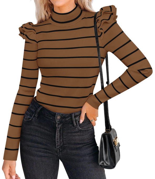 ZESICA Striped Ruffle Turtleneck Ribbed Knit Pullover Tops