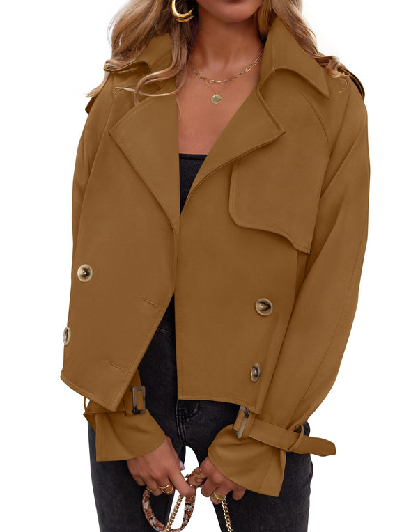 ZESICA Crop Trench Coat Lapel Double Breasted Loose Casual Jacket