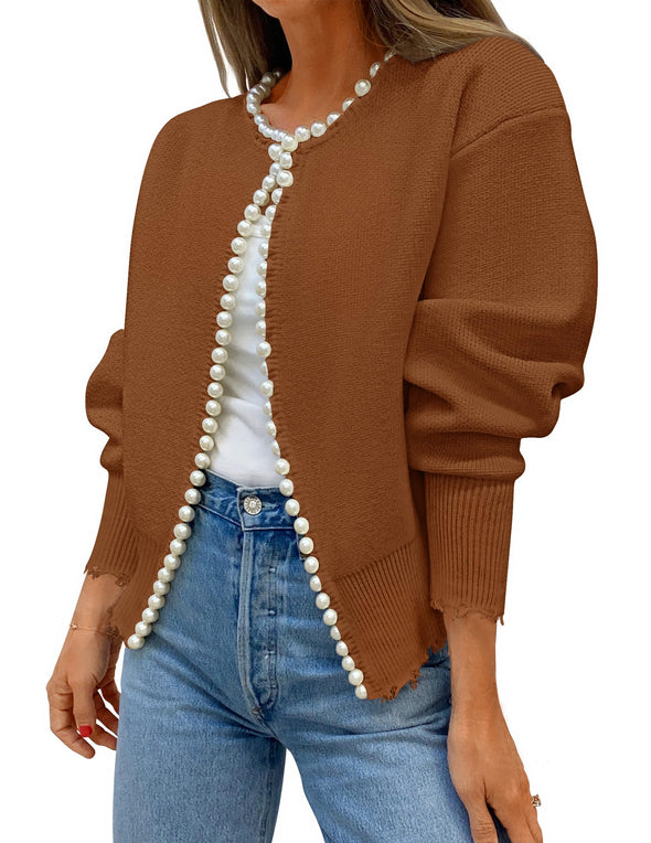 ZESICA Open Front Casual Knitted Long Sleeve Pearls Trim Coat