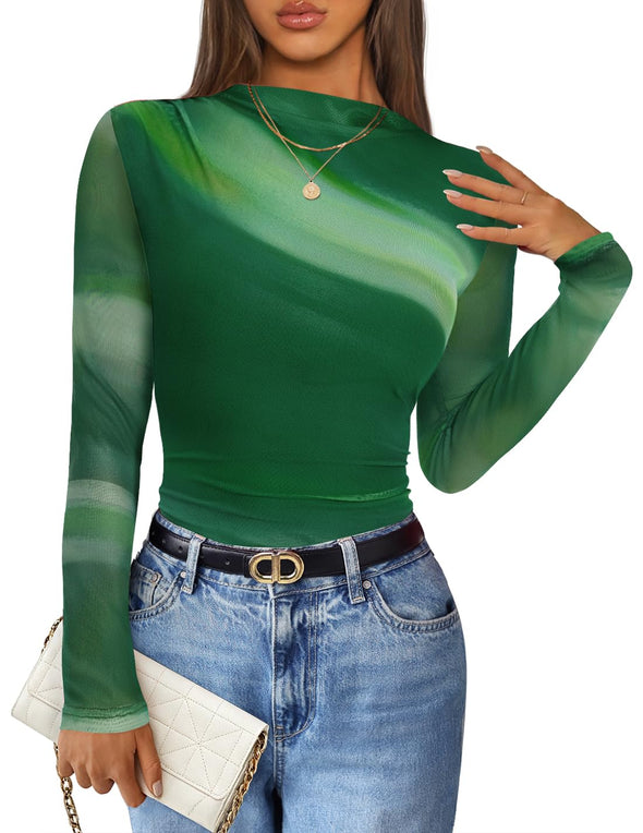 ZESICA Floral Fall Mesh Mock Neck Ruched Fitted Shirts
