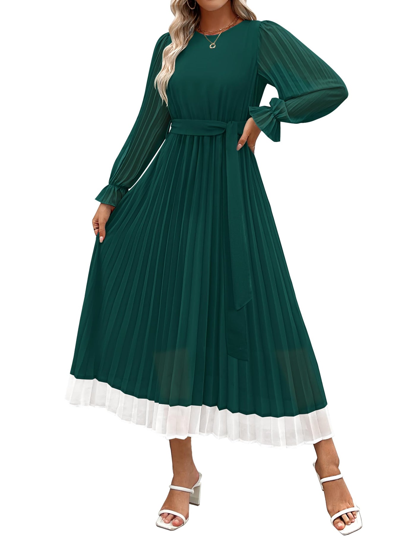ZESICA Chiffon Crew Neck Pleated A Line Flowy Midi Dresses zesica ZESICA Chiffon Crew Neck Pleated A Line Flowy Midi Dresses zesica