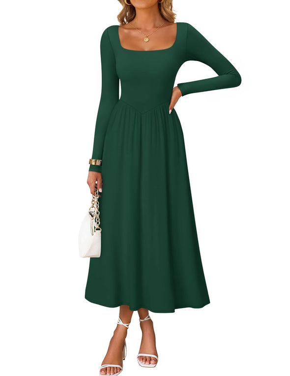 ZESICA Elegant Classy Square Neck Flowy Wedding Guest Dress