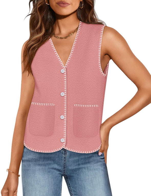 ZESICA Vest V Neck Knit Button Down Loose Crop Tank Tops