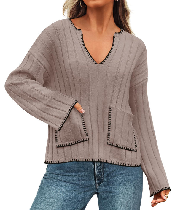 ZESICA Women's Ribbed V Neck Long Sleeve Sweaters