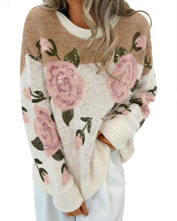 ZESICA Floral Oversized Crewneck Chunky Knit Pullover Sweater Tops