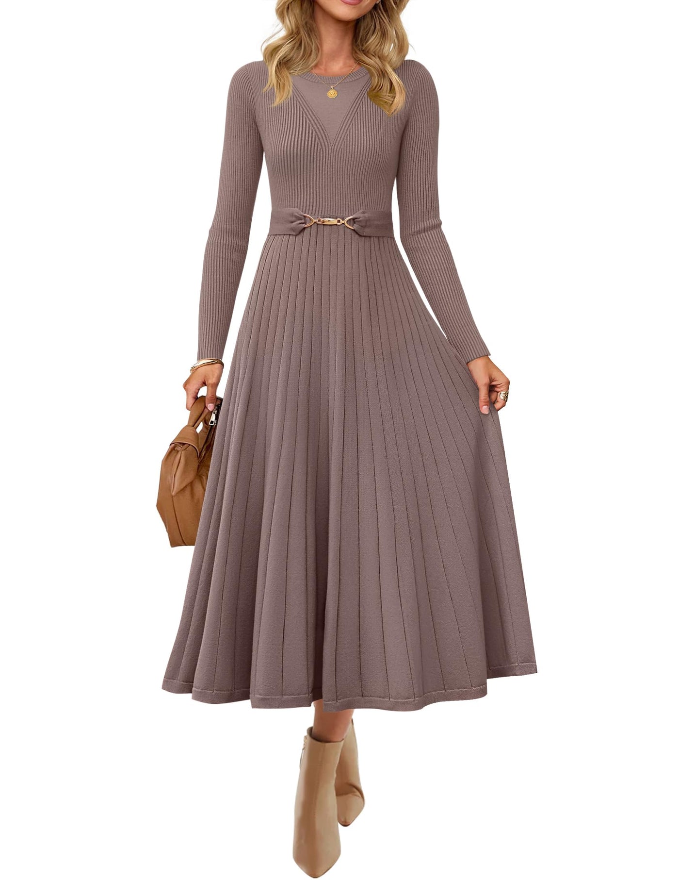 ZESICA Fall Crewneck Knit A Line Pleated Flowy Long Dresses with Belt zesica ZESICA Fall Crewneck Knit A Line Pleated Flowy Long Dresses with Belt zesica